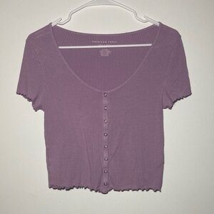 American Eagle Outfitters Lilac Button-Down Lettuce Trim Scoop Neck Shirt
